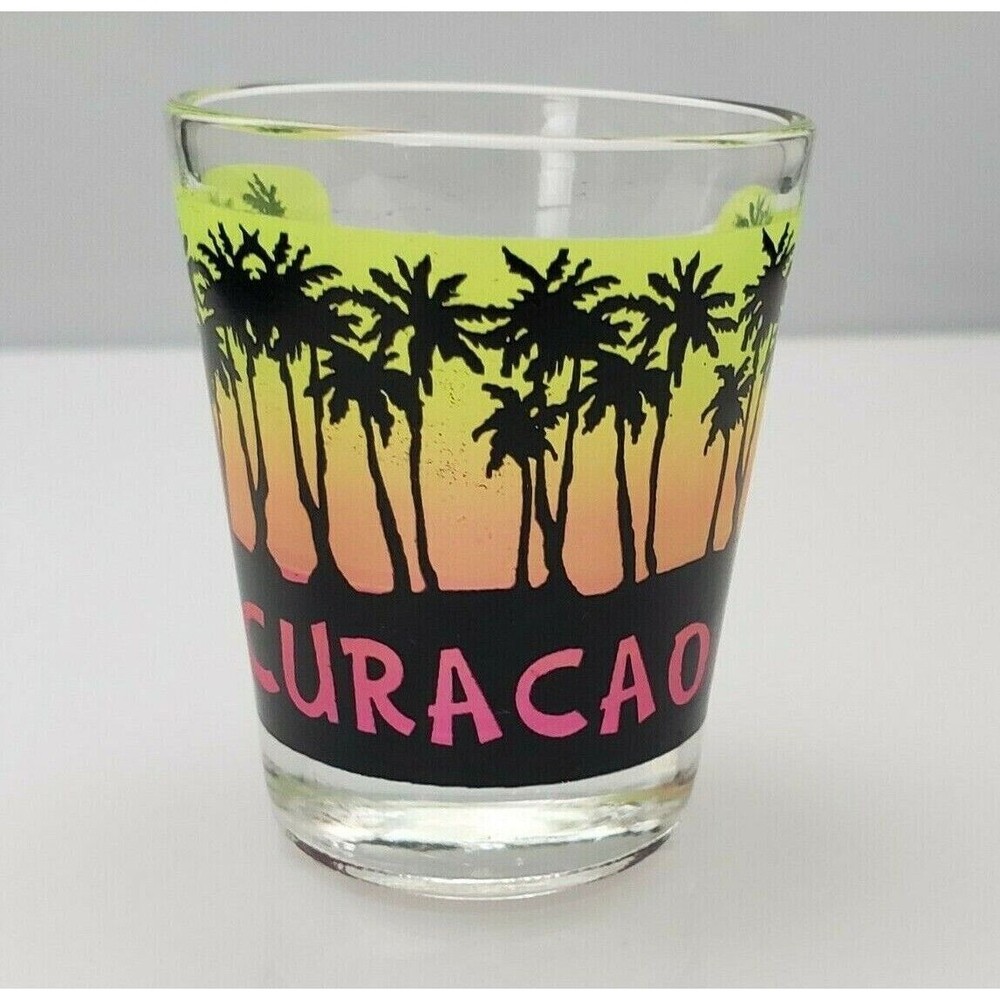 Vintage Curacao Souvenir Shot Glass Palm Trees Sunset 2002 Barware Collectible